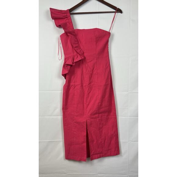 Anthropologie One-Shoulder Ruffle Linen Column Midi Pink Dress M - Picture 7 of 11